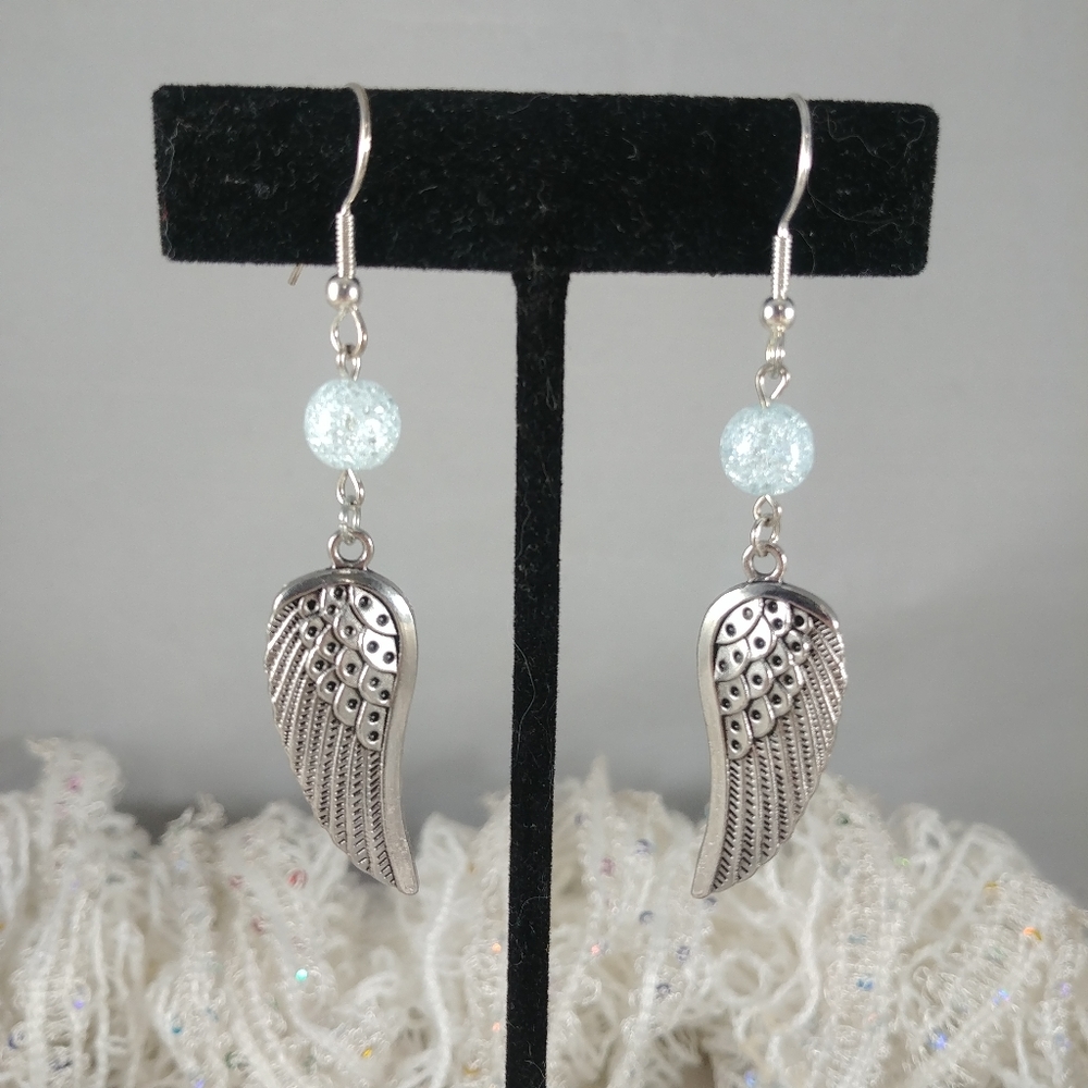 Wing Earrings metal accent Light blue beaded